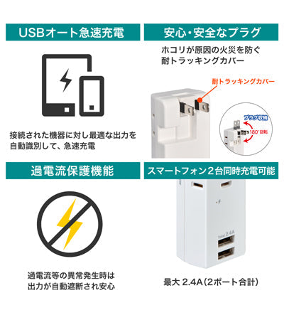 耐雷USBタップ 3個口+2ポート / UA-322SB ホワイト (3)